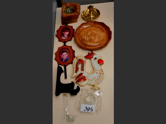 BRASS CANDLE STAND, POTTERY WALL ART, etc