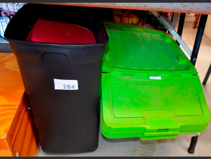 BLACK DUSTBIN & A GREEN STORAGE BIN WITH LID