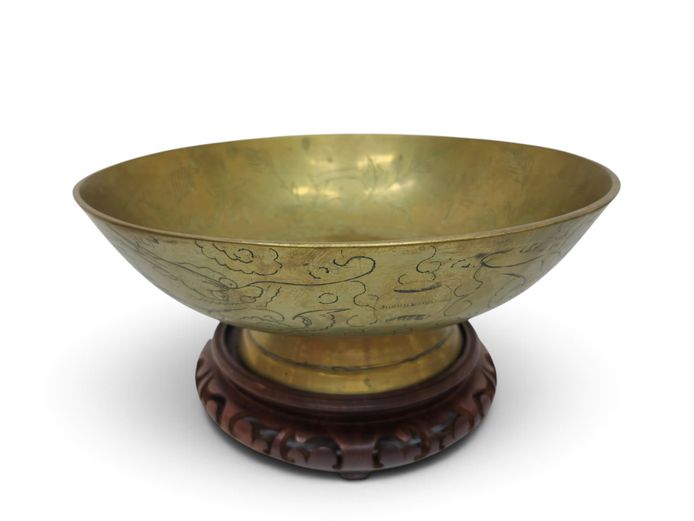 Vintage Heavy Hand-Engraved Brass Pedestal Bowl on Carved Hardwood Stand