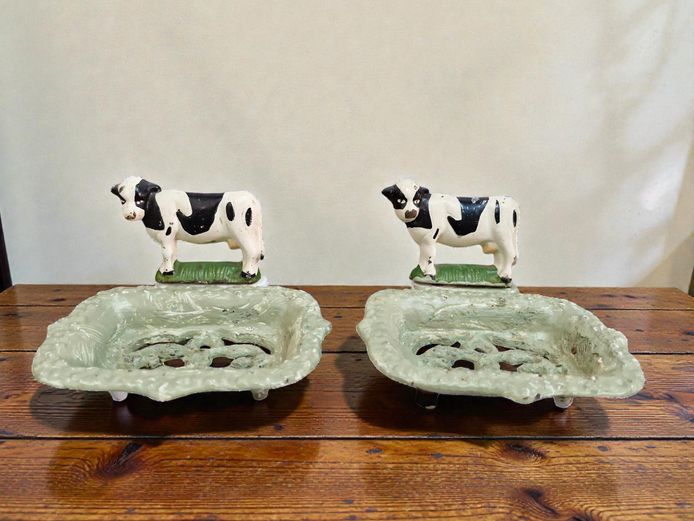 Pair of Vintage Cast Iron Holstein Cow Soap Dishes