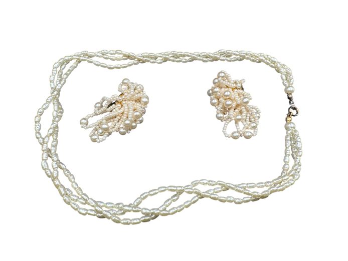 Vintage Faux Pearl Multi-Strand Necklace with Matching Beaded Clip-On Earrings