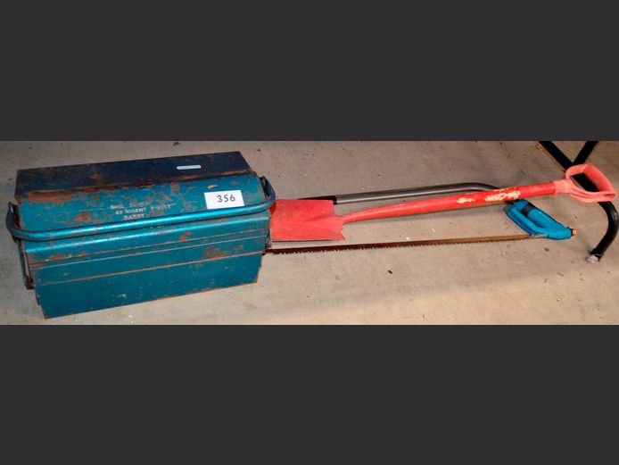 BLUE METAL TOOLBOX  WITH CONTENTS, HACKSAW & SPADE