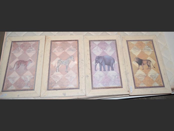 SET OF 4 WHITE FRAMED AFRICAN WILDLIFE PRINTS, 39 x 22cm
