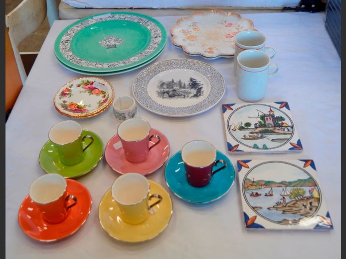 WEDGWOOD PLATES, ROYAL ALBERT SNACK PLATES, @HOME ESPRESSO CUPS, etc