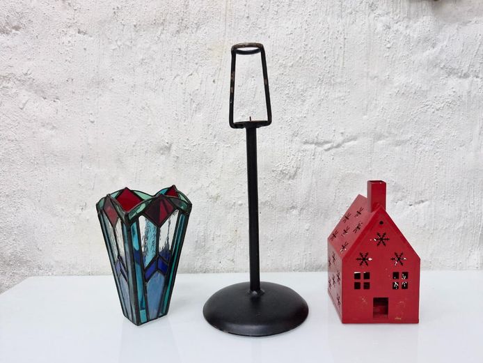 Stained Glass Shade, Metal Candlestick & Red Tealight Candle Holder