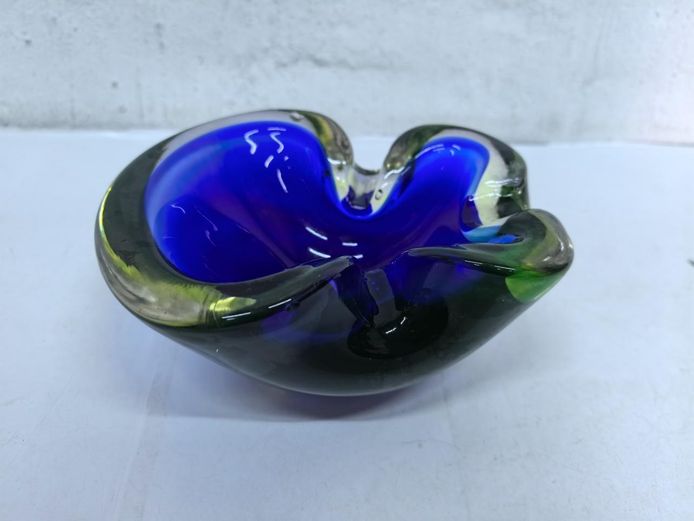 Murano-Style Cobalt Blue & Olive Green Sommerso Glass Ashtray / Bowl