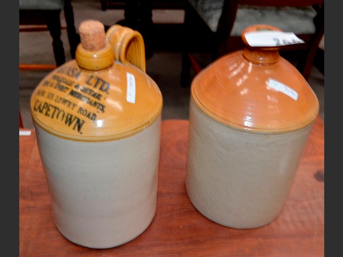 PAIR STONEWARE GALLON FLAGONS, 32cm High