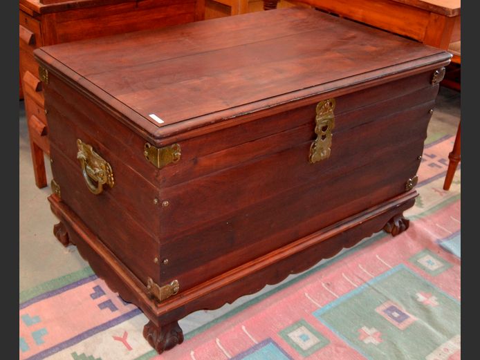 IMBUIA BALL & CLAW KIST WITH BRASS HANDLES, 102 x 64 x 63cm