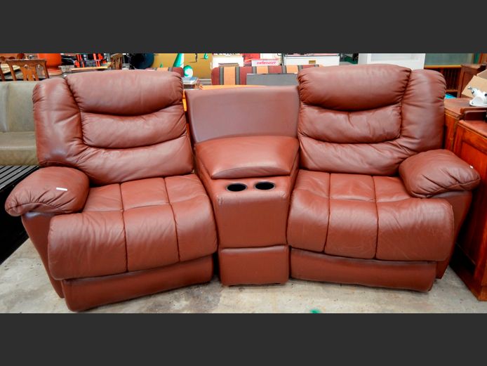 BROWN LEATHER 2-SEATER CINEMA COUCH, 245 x 100cm