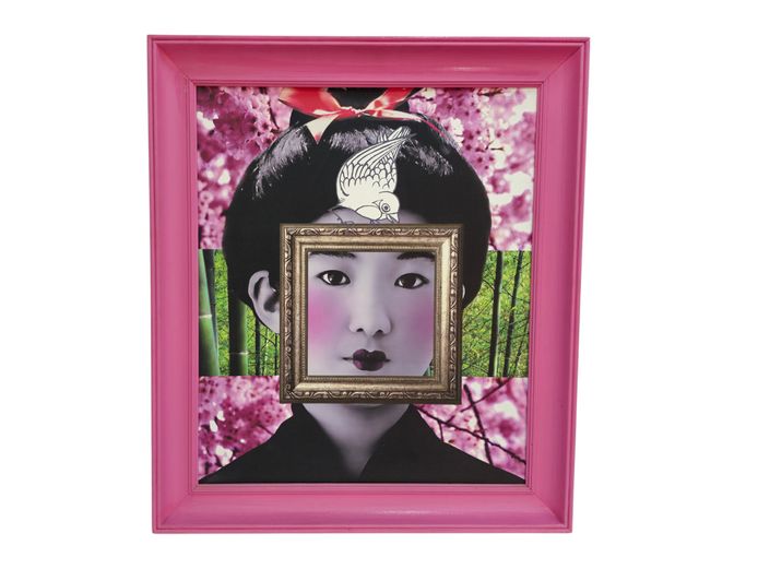 Framed Japanese Geisha Art Print with 3D Nested Frame and Pink Border