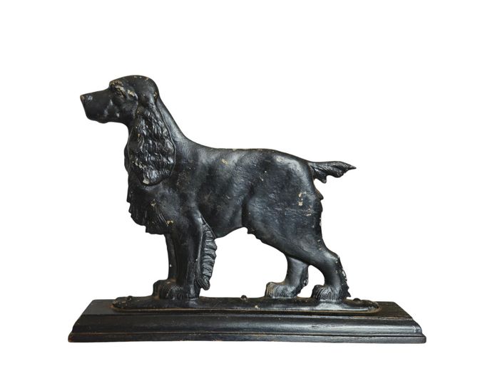 Vintage Cast Metal Spaniel Hearth Figure on Wooden Plinth