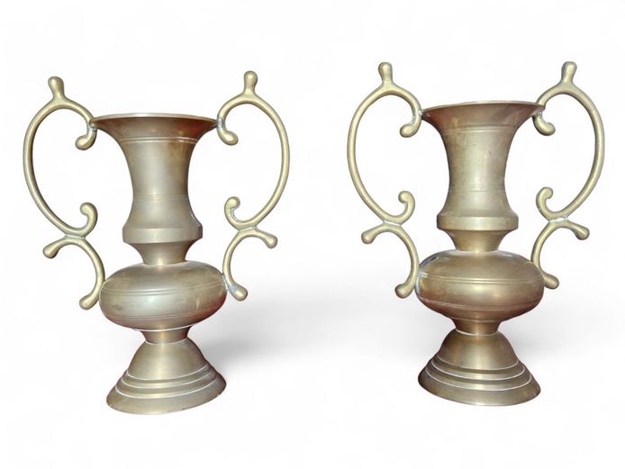 Pair of Double-Handled Heavy Brass Vases