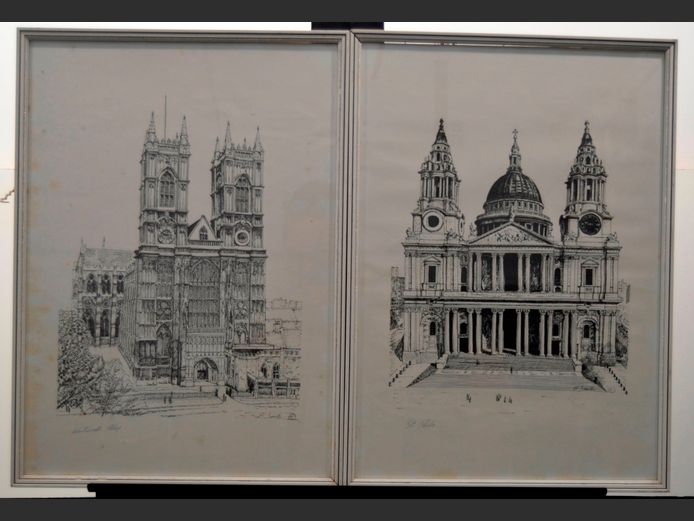 PAIR LITHOGRAPHS, PENCIL TITLED "WESTMINSTER ABBEY" & "ST. PAUL'S", 31.5 x 44.5cm [Some watermarks]