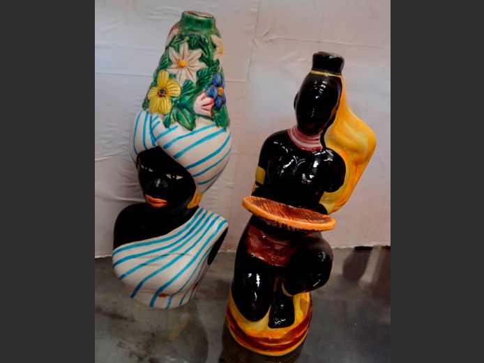 SET OF 2 CERAMIC CHARACTER DECANTERS, 30cm High & 28cm High