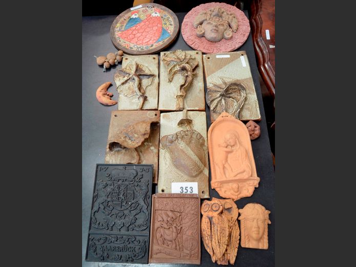 CAST IRON, POTTERY & TERRACOTTA WALL ART, etc