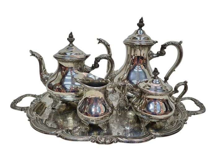 Ornate Silver-Plated Galleon Tea & Coffee Service with Engraved Serving Tray