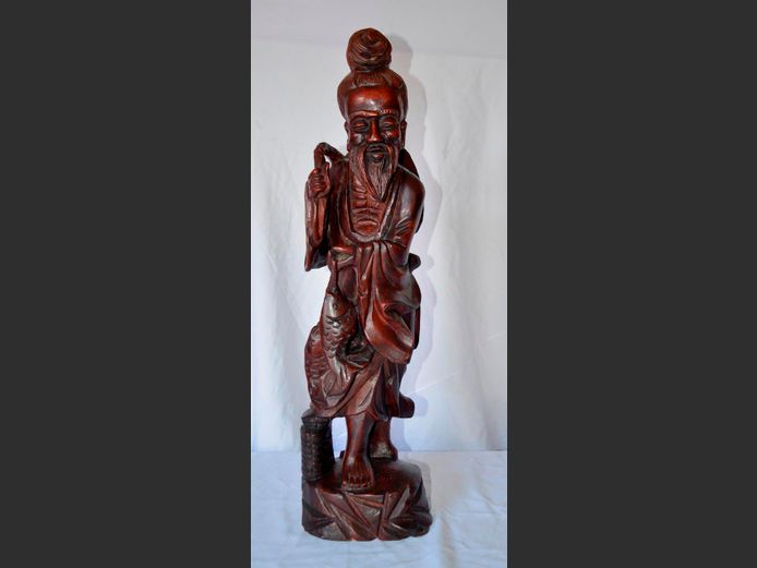 ANTIQUE CHINESE CARVED ROSEWOOD FISHERMAN, 75cm High