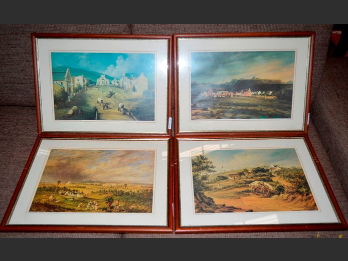 SET OF 4 FRAMED THOMAS BAINES PRINTS: GRAHAMSTOWN, CRADOCK, etc., 40 x 27cm
