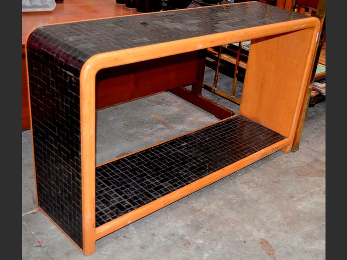 OAK & BLACK LEATHER INLAID HALL TABLE WITH BOTTOM SHELF, 141 x 40 x 80cm
