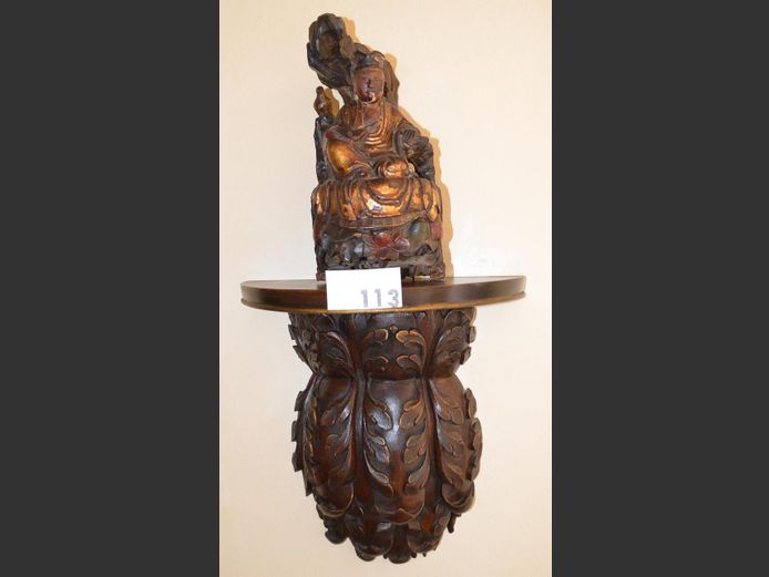ANTIQUE CARVED & GILDED SEATED FIGURINE ON ORNATELY CARVED WALL MOUNT SHELF, Figurine = 28cm High; Shelf = 34cm High