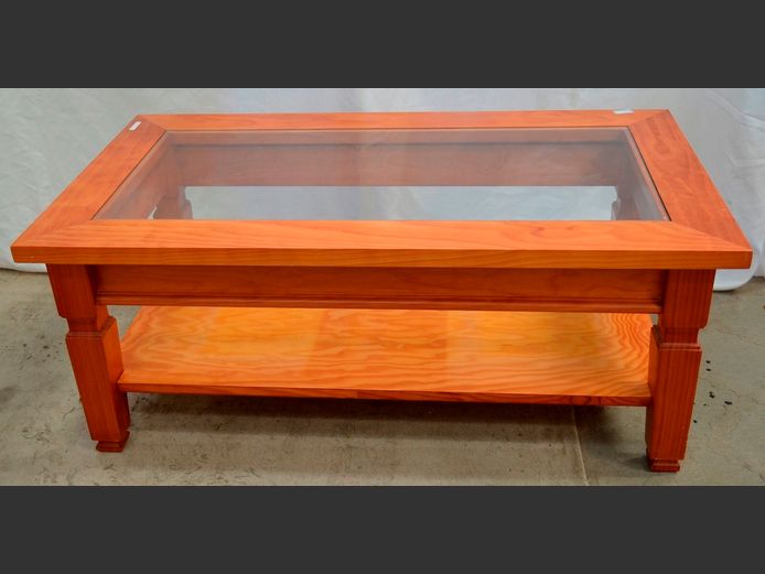 PINE COFFEE TABLE WITH GLASS TOP & BOTTOM SHELF, 110 x 60 x 45cm
