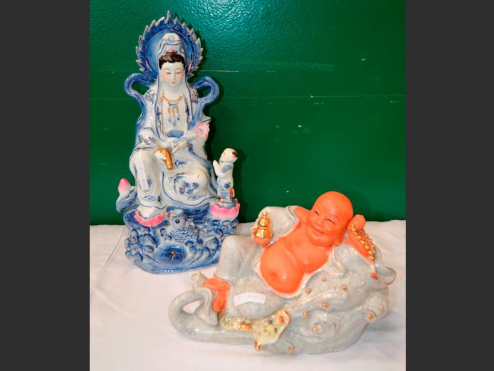 LOT OF 2: CERAMIC BUDDHAS, 25 x 13 x 18cm & 37cm High