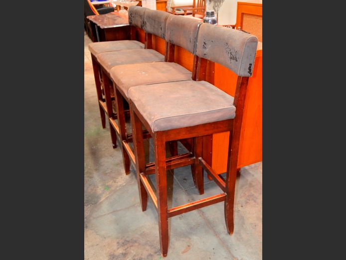 SET OF 4 BAR CHAIRS WITH LEATHER TOUCH SEATS, 80cm High [Need re-covering]