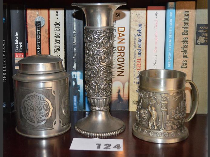 PEWTER: INTRICATELY DETAILED VASE, MUG & LIDDED TOBACCO JAR