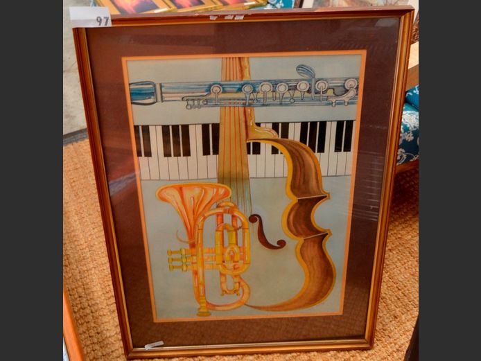 GILT FRAMED WATERCOLOUR "MUSICAL INSTRUMENTS", 66 x 43cm