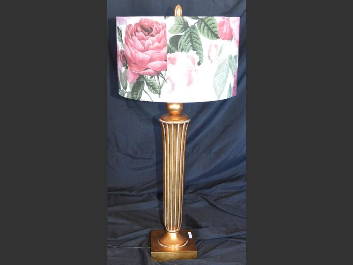 GILDED TABLE LAMP WITH FLORAL SHADE, 92cm High