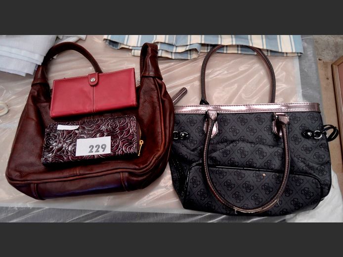 BROWN LEATHER HANDBAG, WALLETS, etc