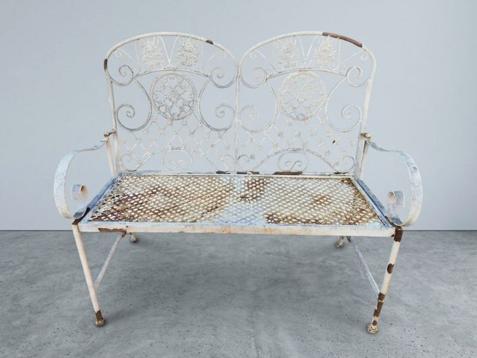 Vintage Rustic Metal Scrollwork Fold-Up Garden Bench