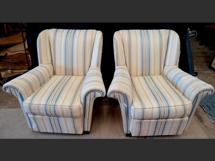 PAIR CREAM & BLUE STRIPED UPHOLSTERED ARMCHAIRS