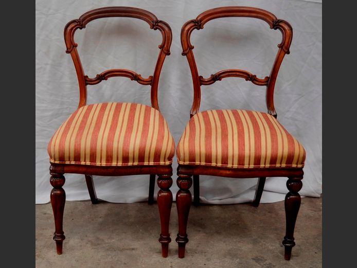 PAIR ANTIQUE MAHOGANY BALLOON BACK HALL CHAIRS WITH STRIPED UPHOLSTERY