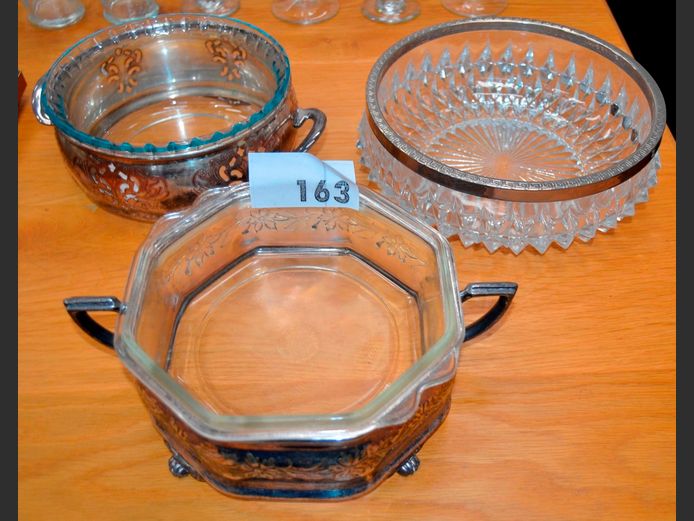 LOT OF 3: CUT GLASS & SILVER PLATE BOWLS