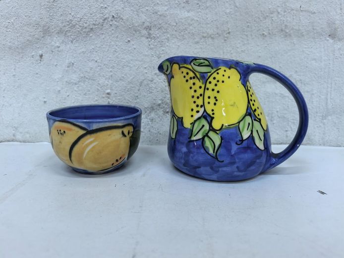 Hand-Painted Mediterranean Lemon Motif Ceramic Creamer and Open Bowl