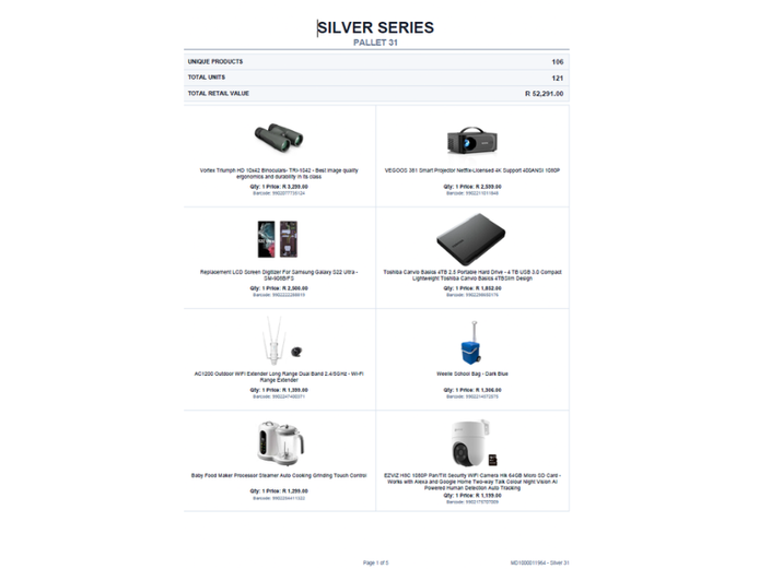 SILVER PALLET OF STOCK (NOT TESTED) TOTAL RETAIL VALUE: R 52,291.00 STC