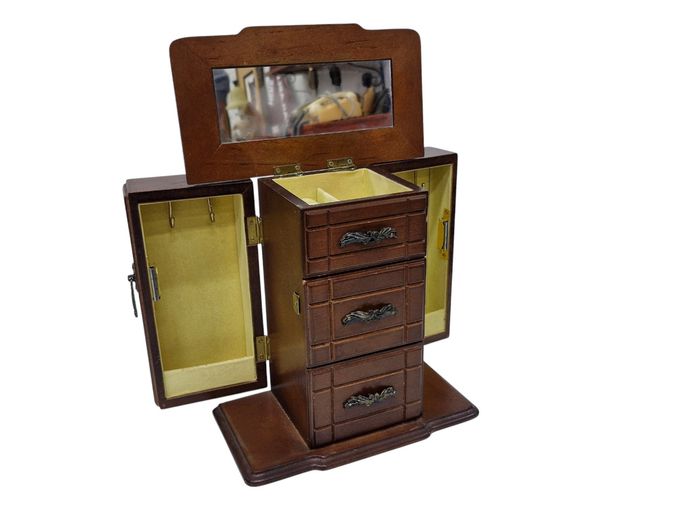 Vintage Miniature Wooden Wardrobe Jewellery Box with Mirror