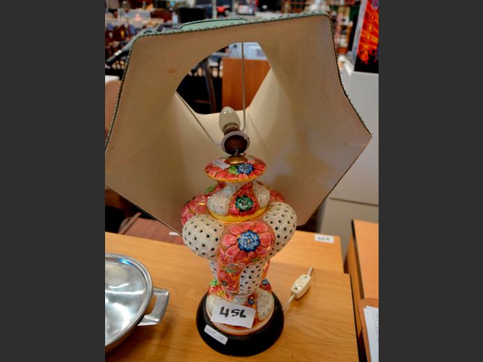 PIERCED PORCELAIN TABLE LAMP WITH SHADE, 59cm High [Light fixture needs repairs]