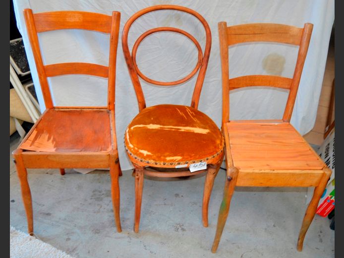 BENTWOOD CHAIR WITH BROWN UPHOLSTERED SEAT [Needs some TLC] & PAIR VINTAGE TEAK GLOBE CHAIRS [Seat damaged to 1] [115,159]
