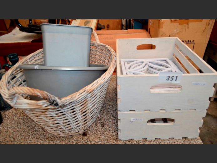 CANE BASKET, 2 x WOODEN CRATES, etc