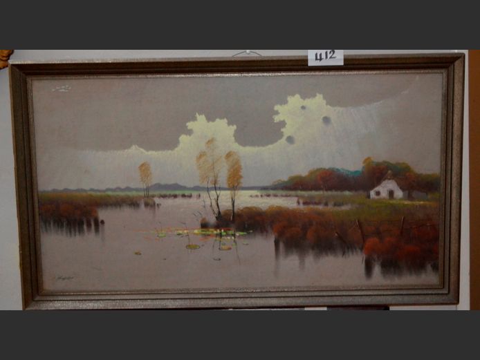 FRAMED MIXED MEDIA "FARM HOUSE ON RIVER", 82 x 44cm [37733-1]