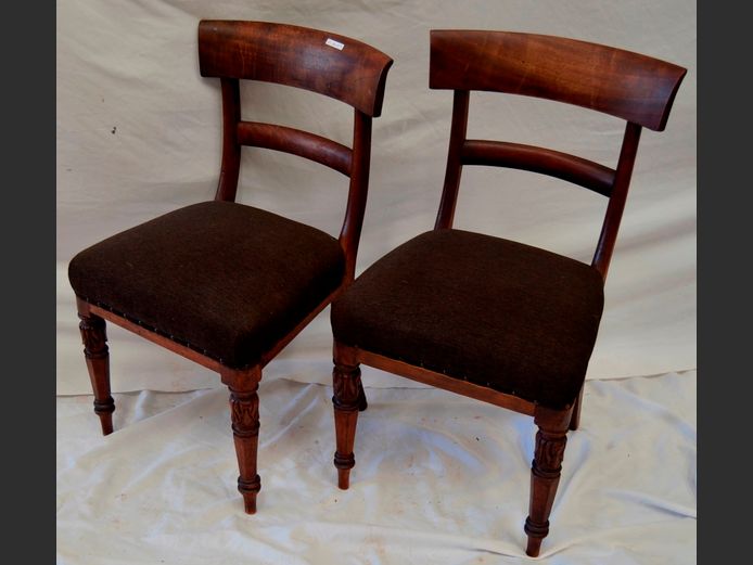 PAIR MAHOGANY CHAIRS WITH GREY UPHOLSTERED SEATS