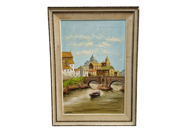 Vintage European River Cityscape Oil Painting