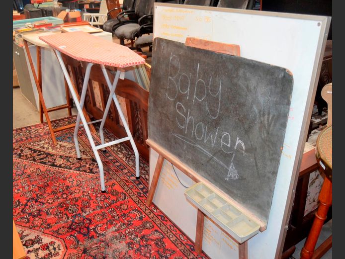 LOT: 2 x IRONING BOARDS, BLACKBOARD & A WHITEBOARD