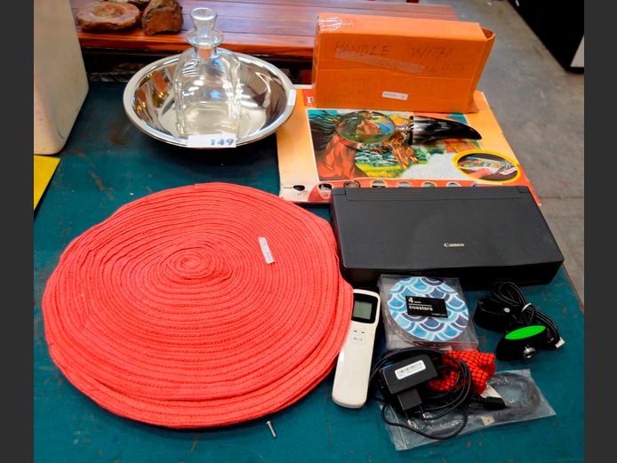 ITALIAN CRYSTAL DECANTER, STAINLESS STEEL MIXING BOWL, PLACEMATS, PAINT BY NUMBERS, CANON BUBBLEJET PORTABLE PRINTER [No power supply, untested] etc [29,34,35]