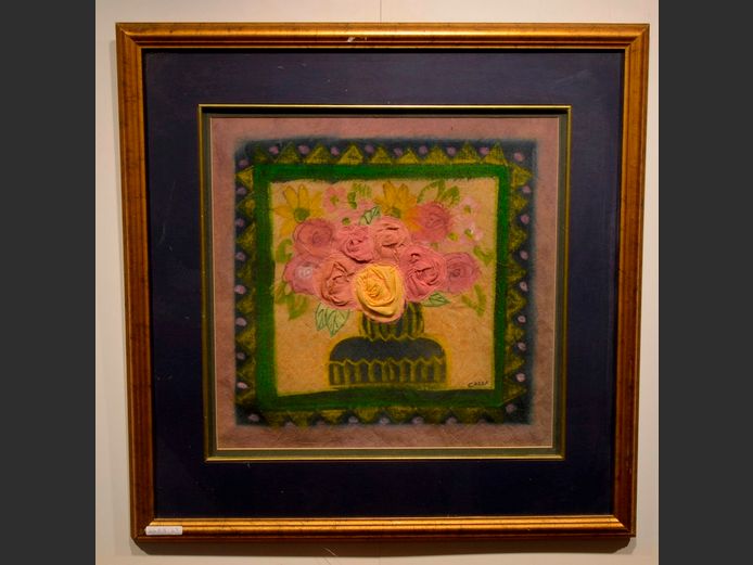 FRAMED UNUSUAL FABRIC ARTWORK "FLOWERS", 38 x 36cm