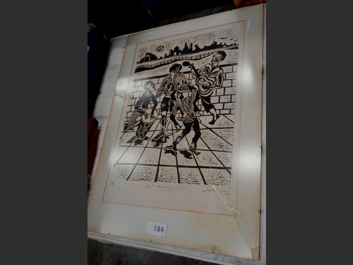 FRAMED, SIGNED & NUMBERED 20/75 LINOCUT PRINT BY FRANK T. BROWN, 61 x 46cm [Glass cracked]