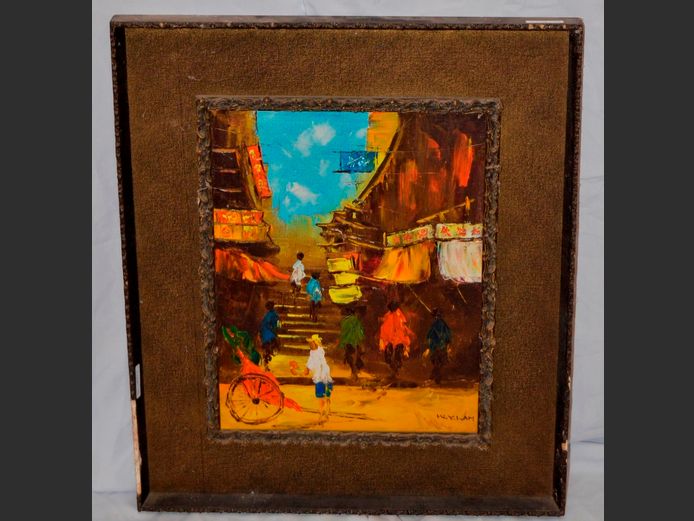 FRAMED OIL ON CANVAS "STREET SCENE", 44.5 x 34cm