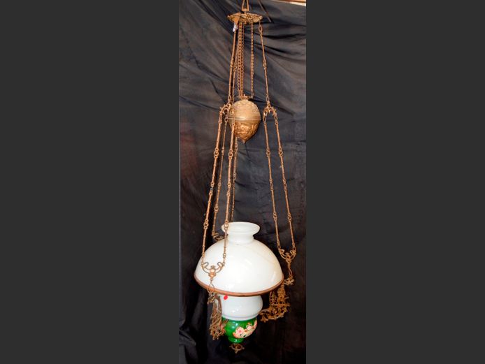 ANTIQUE DUTCH BRASS & MILKY GLASS ADJUSTABLE CEILING LIGHT, 135cm High [Shade repaired]